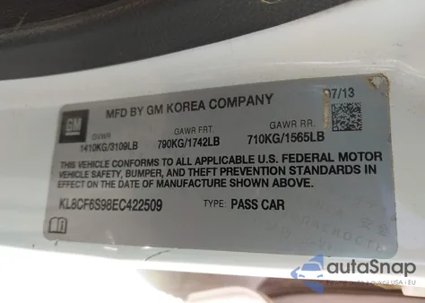 2014 Chevrolet Spark 2Lt Auto from USA, damaged, VIN KL8CF6S98EC422509